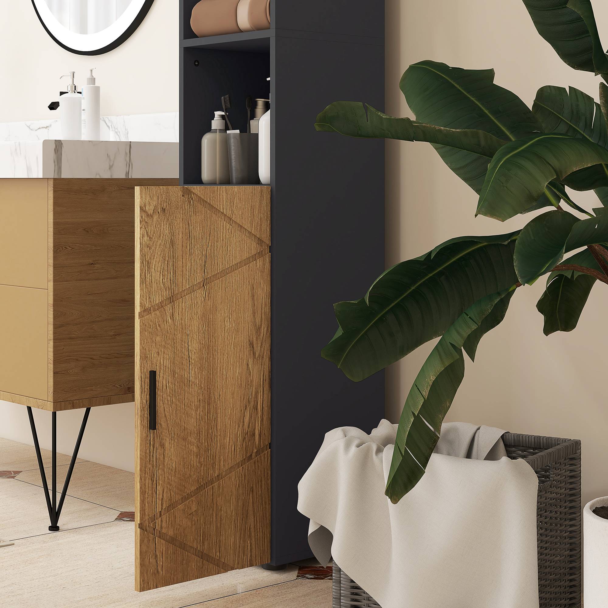 Sans Marque - Meuble colonne armoire rangement salle de bain 2 portes étagère réglable 2 niches 30 x 30 x 183 cm chêne gris foncé - Image 10