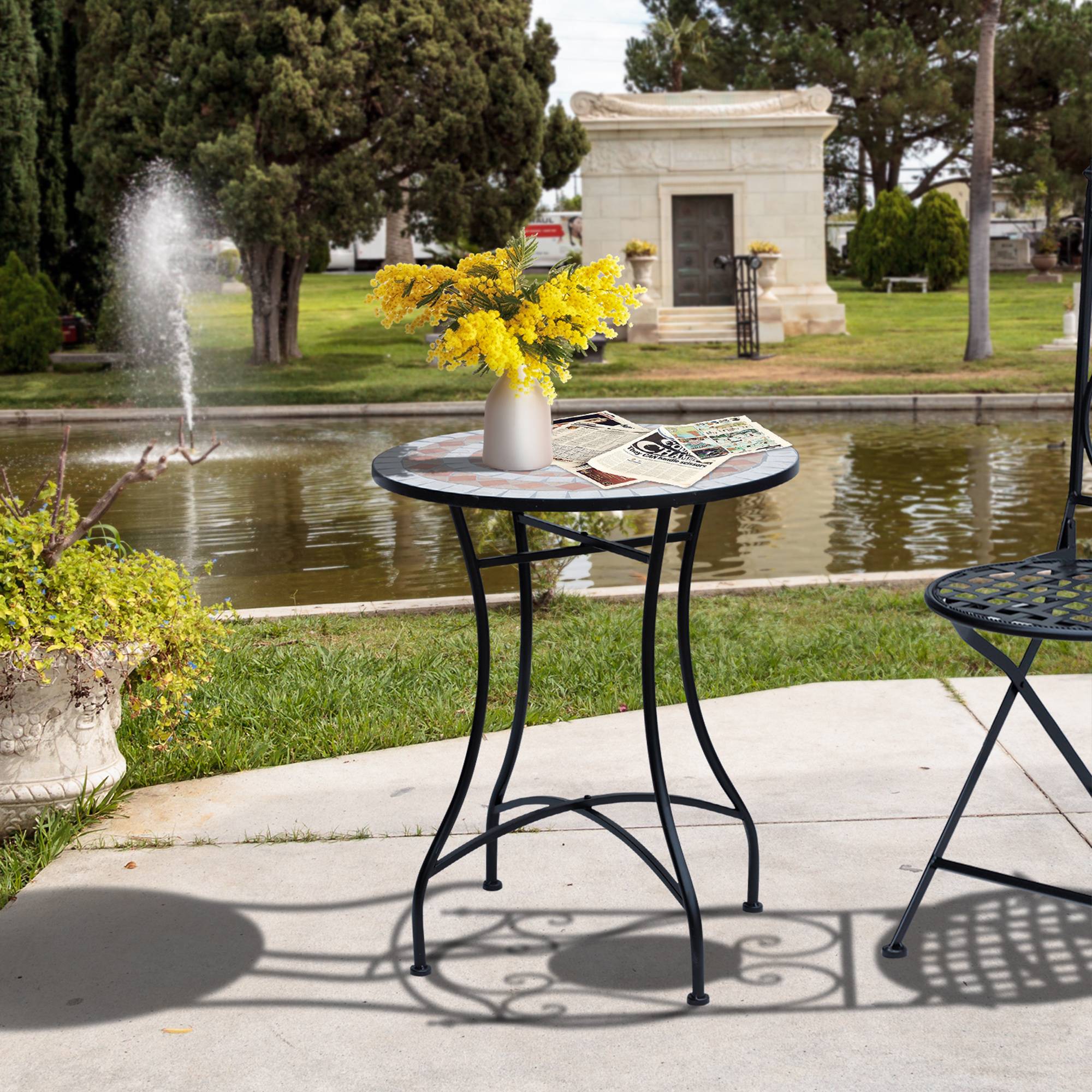 Table de jardin ronde en mosaïque de céramique pour terrasse ou balcon, Φ60x71cm - Image 4