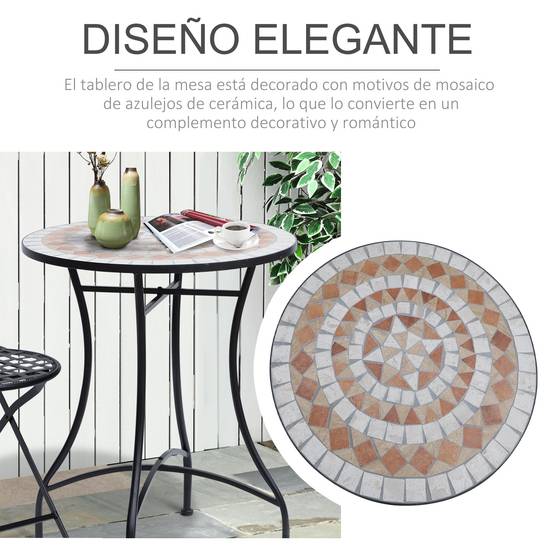 Table de jardin ronde en mosaïque de céramique pour terrasse ou balcon, Φ60x71cm - Image 7
