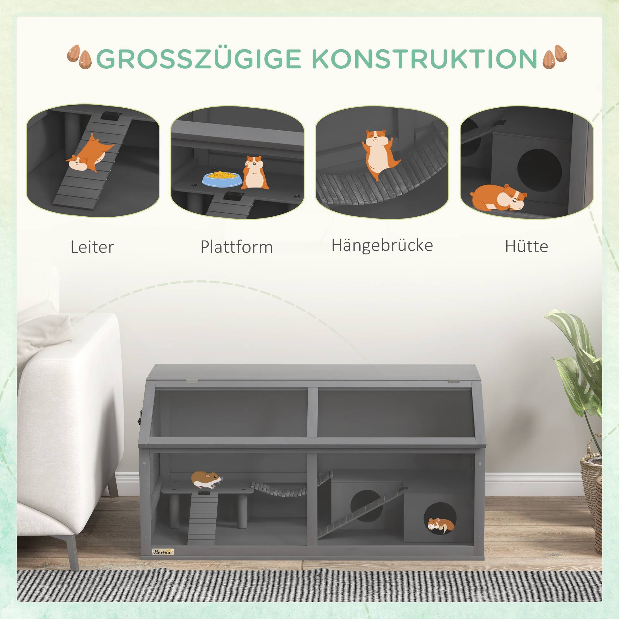 Cage Hamster Bois 100cm Habitat Rongeur Équipé Toit Ouvrant Gris Foncé - ComfortXL Pet Living - Image 6