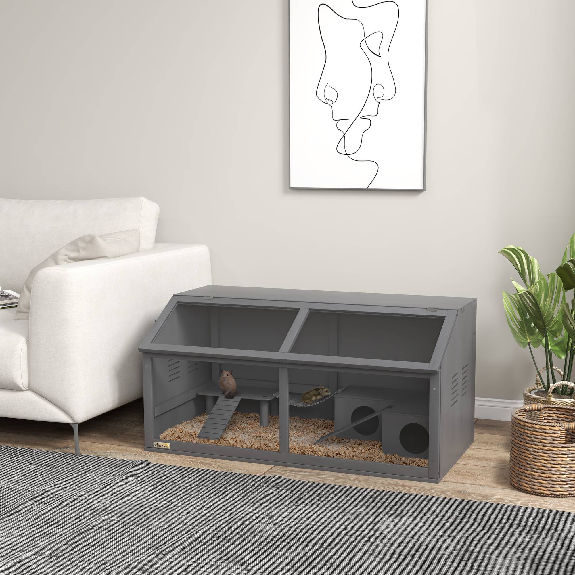 Cage Hamster Bois 100cm Habitat Rongeur Équipé Toit Ouvrant Gris Foncé - ComfortXL Pet Living - Image 1