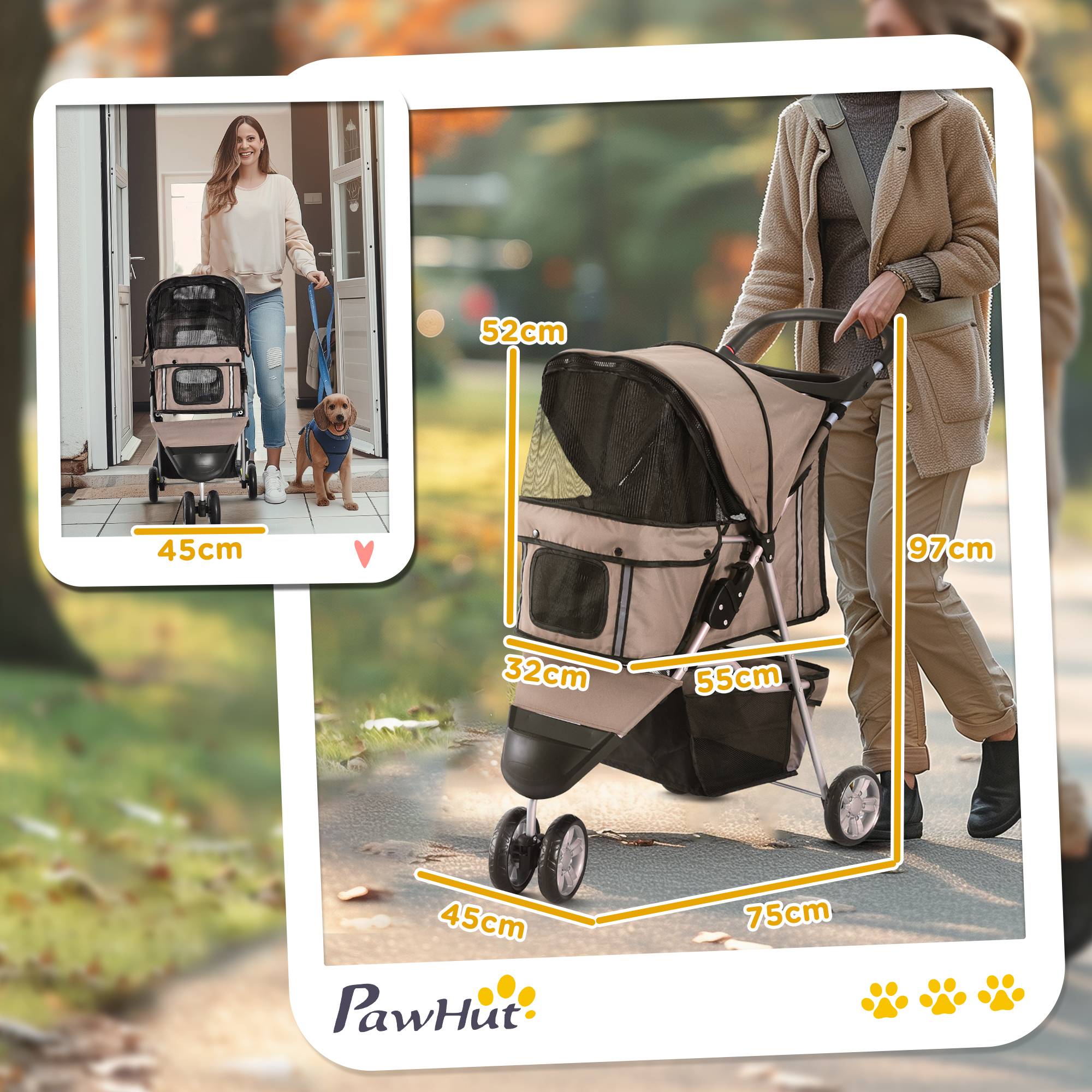 Chariot pour chien et chat, tissu oxford, café, 75 x 45 x 97 cm - PANGIVO - Image 3