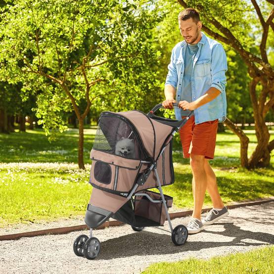 Chariot pour chien et chat, tissu oxford, café, 75 x 45 x 97 cm - PANGIVO - Image 2