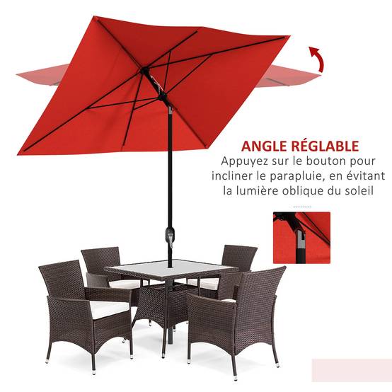 Parasol rectangulaire inclinable 2x3 m avec manivelle polyester - 290x200x248cm Aluminium Rouge fr352 - Image 6