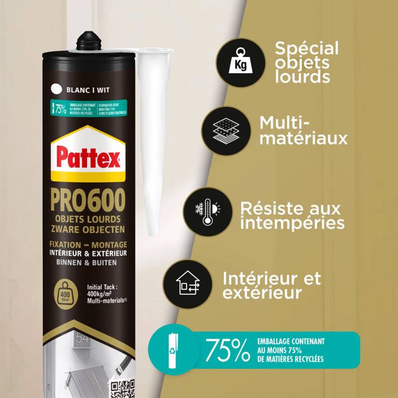 Pattex - PATTEX Pack de 12 Colles de Fixation PRO600 Objets Lourds Blanc 460g - Image 3