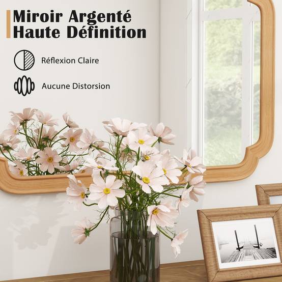 Miroir Mural Rectangulaire 90 x 60 cm, Cadre en Bois, 4 Crochets Métalliques, Mioir Mural Décoratif pour Salon Chambre Entree, Montage Facile, Beige - Image 5