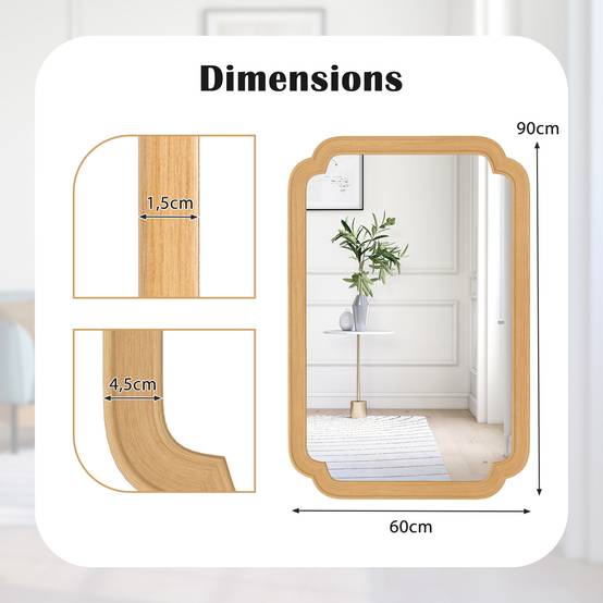 Miroir Mural Rectangulaire 90 x 60 cm, Cadre en Bois, 4 Crochets Métalliques, Mioir Mural Décoratif pour Salon Chambre Entree, Montage Facile, Beige - Image 4