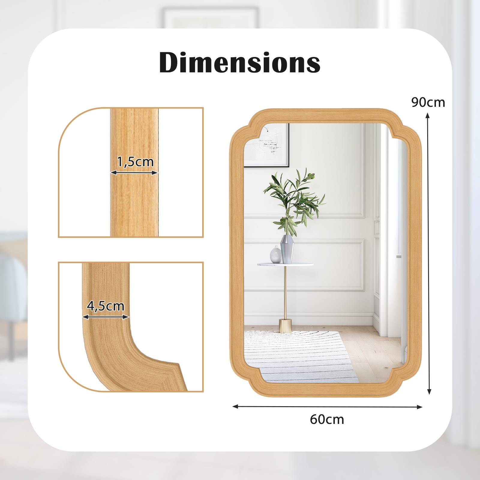 Miroir Mural Rectangulaire 90 x 60 cm, Cadre en Bois, 4 Crochets Métalliques, Mioir Mural Décoratif pour Salon Chambre Entree, Montage Facile, Beige - Image 4