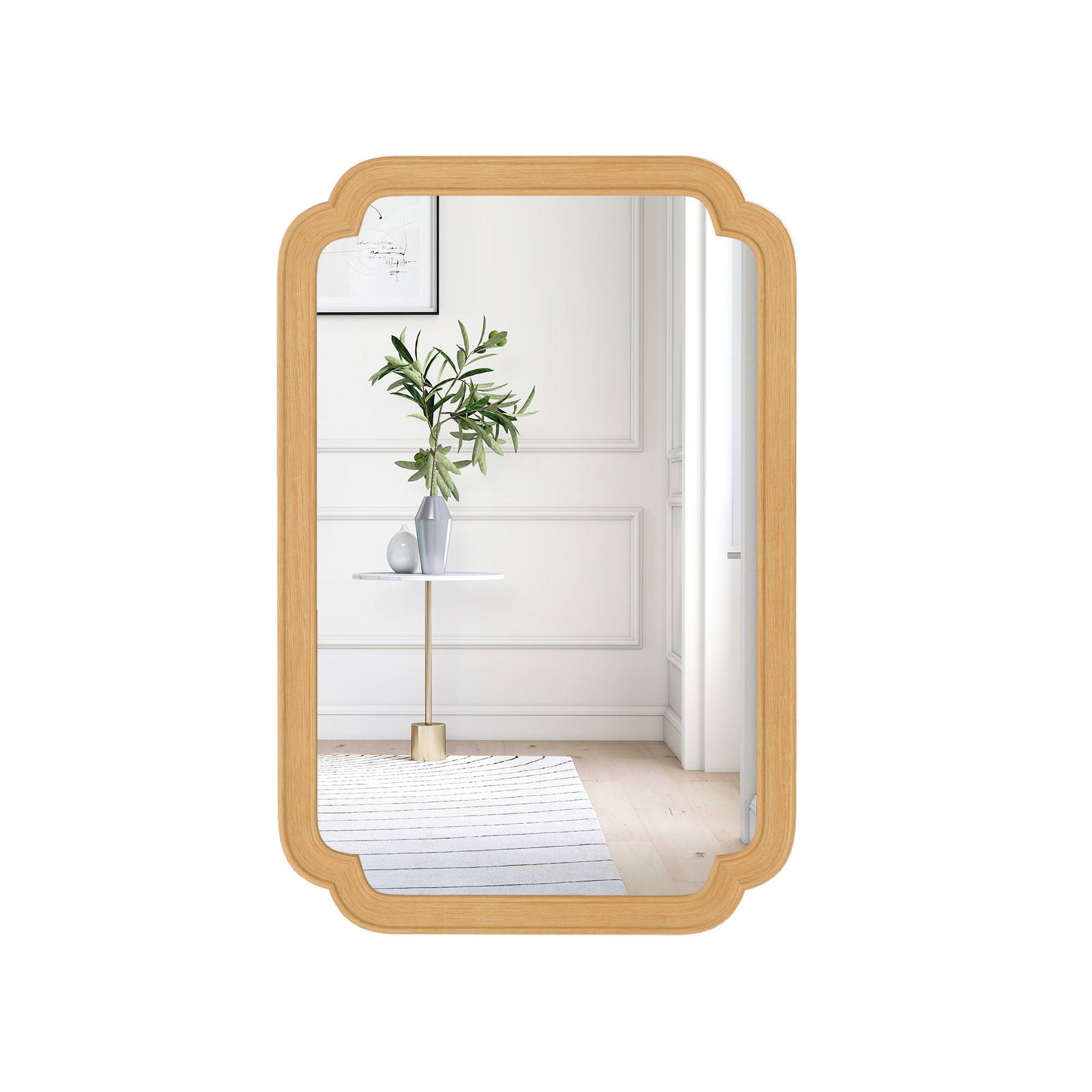 Miroir Mural Rectangulaire 90 x 60 cm, Cadre en Bois, 4 Crochets Métalliques, Mioir Mural Décoratif pour Salon Chambre Entree, Montage Facile, Beige - Image 1