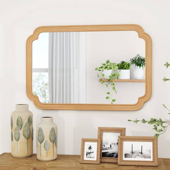 Miroir Mural Rectangulaire 90 x 60 cm, Cadre en Bois, 4 Crochets Métalliques, Mioir Mural Décoratif pour Salon Chambre Entree, Montage Facile, Beige - Image 2