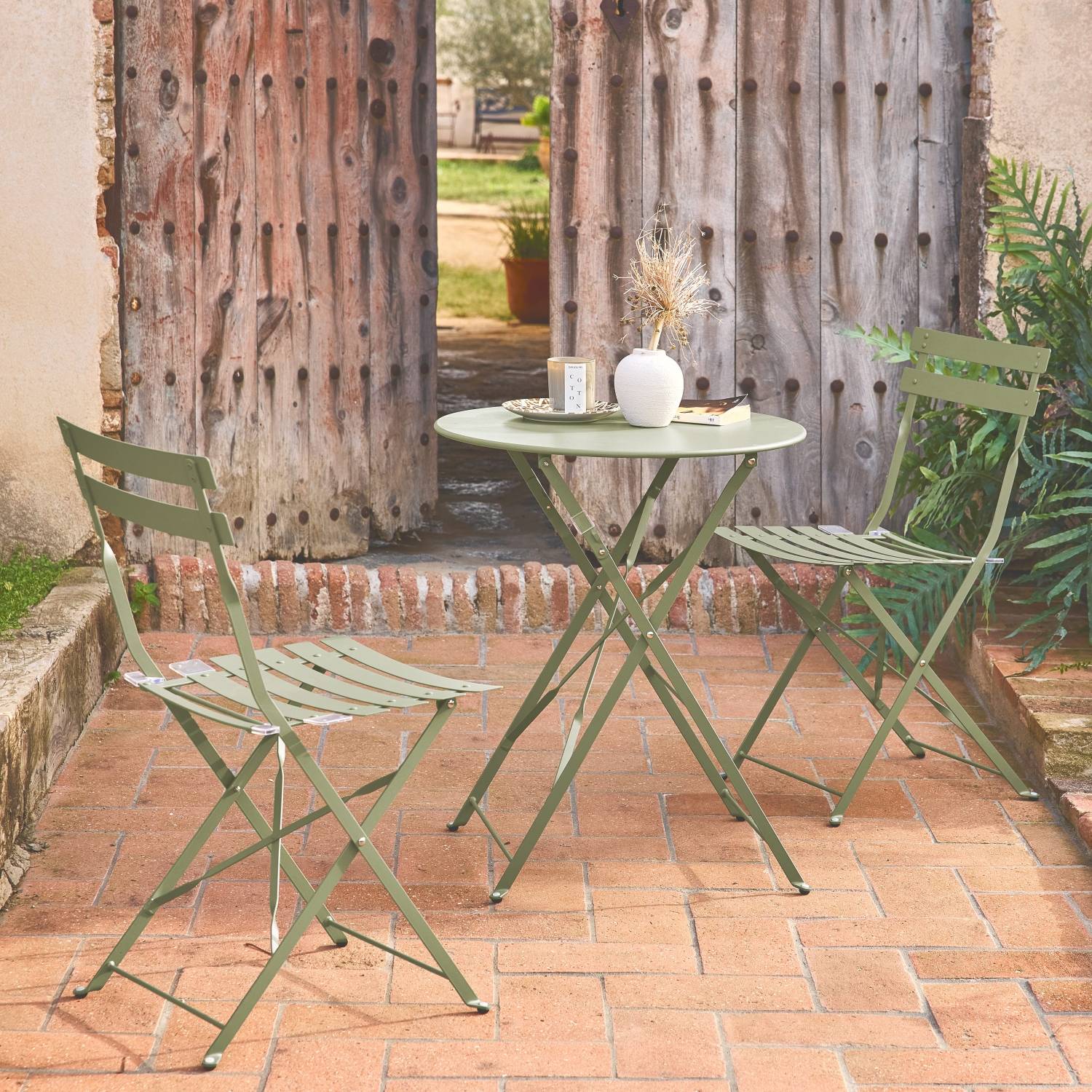 sweeek - Table de jardin bistrot pliante métal + 2 assises vert de gris Ø60 x 70cm. acier thermolaqué | sweeek - Image 1