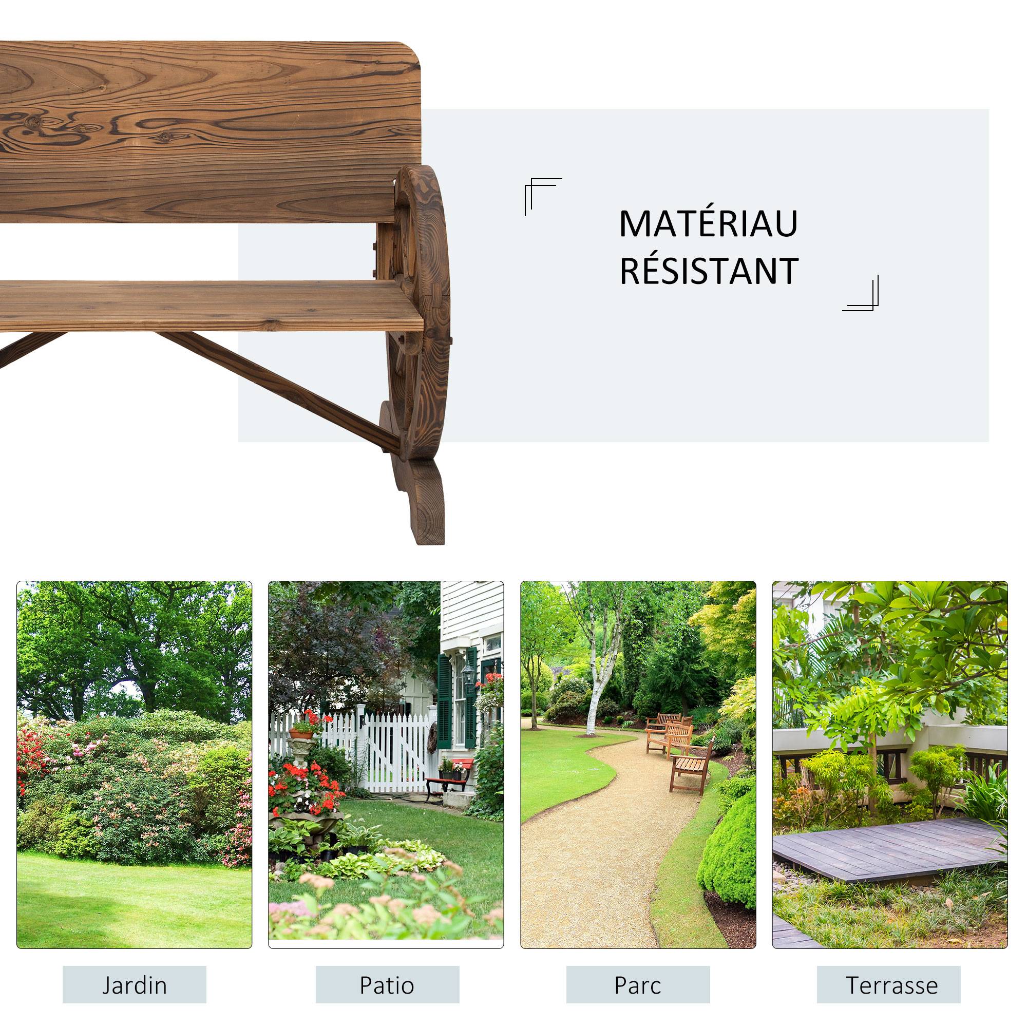 Sans Marque - Banc de Jardin 3 Places Style Rustique Chic accoudoirs Roues de Charette Bois Sapin traité carbonisation - Image 9