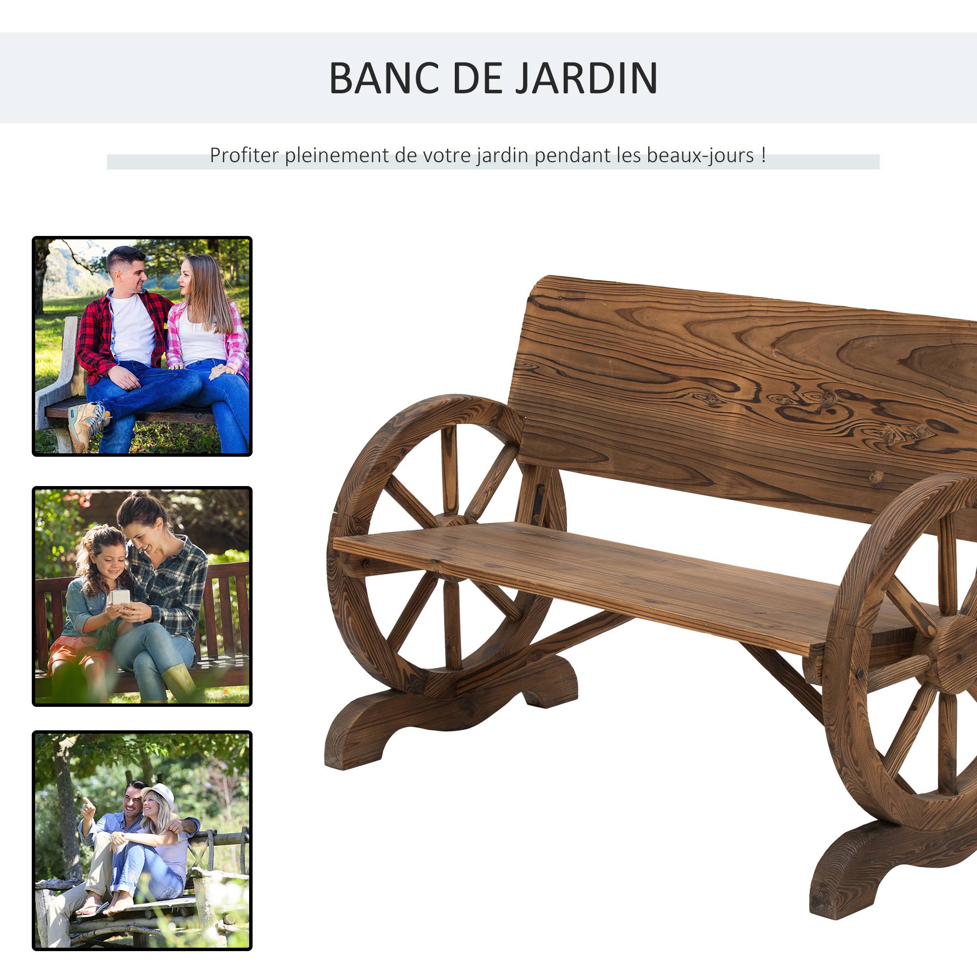 Sans Marque - Banc de Jardin 3 Places Style Rustique Chic accoudoirs Roues de Charette Bois Sapin traité carbonisation - Image 6