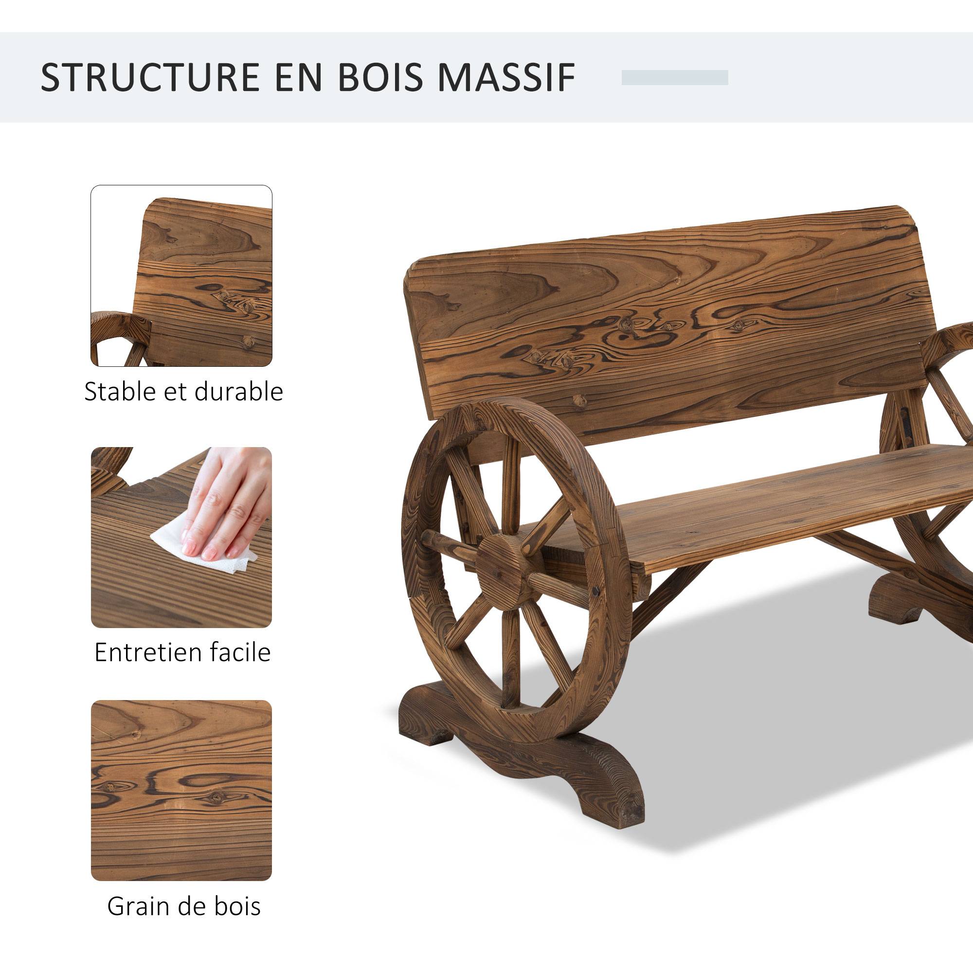 Sans Marque - Banc de Jardin 3 Places Style Rustique Chic accoudoirs Roues de Charette Bois Sapin traité carbonisation - Image 7