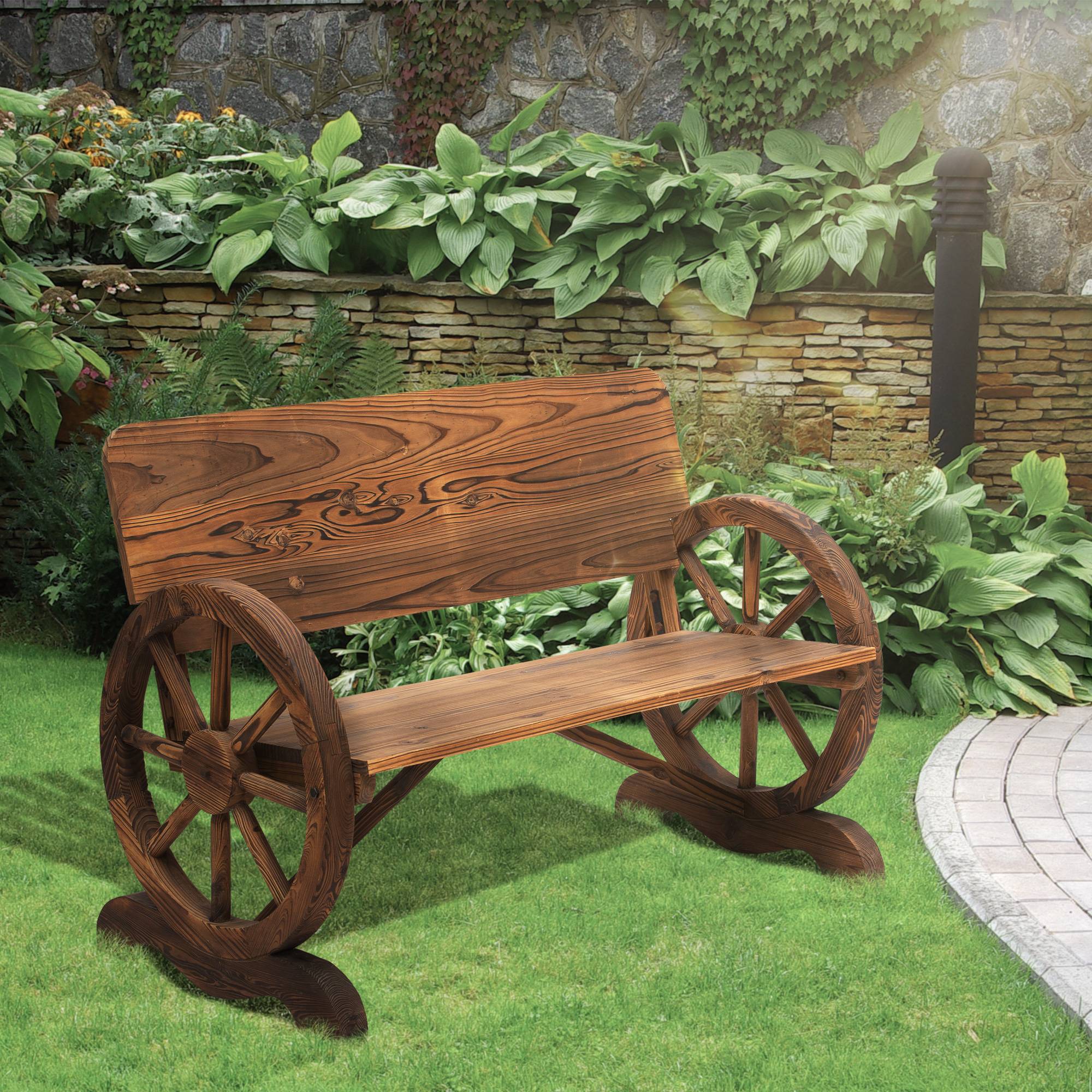 Sans Marque - Banc de Jardin 3 Places Style Rustique Chic accoudoirs Roues de Charette Bois Sapin traité carbonisation - Image 4