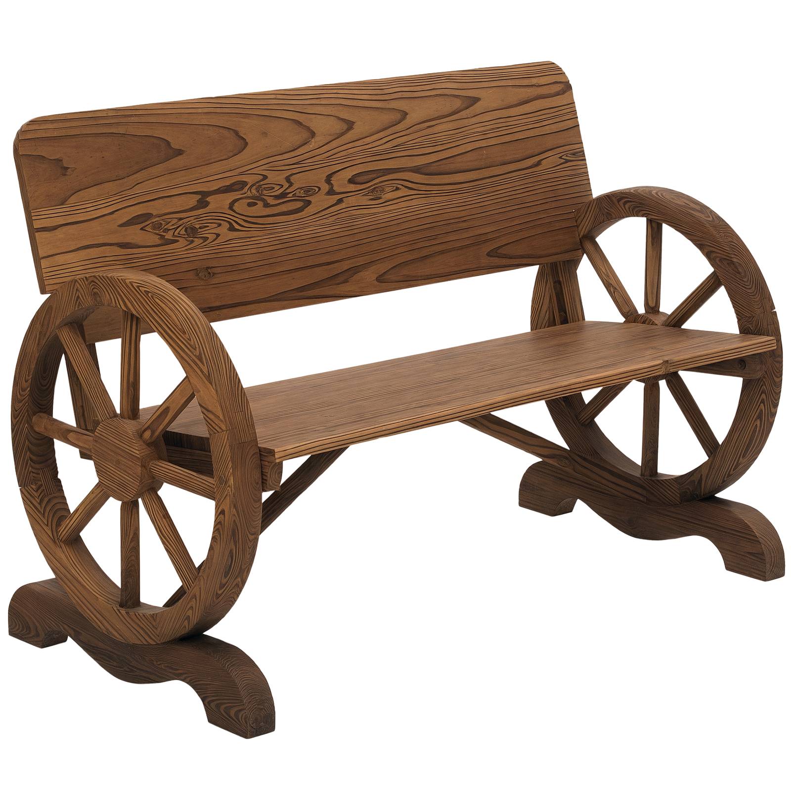 Sans Marque - Banc de Jardin 3 Places Style Rustique Chic accoudoirs Roues de Charette Bois Sapin traité carbonisation - Image 1