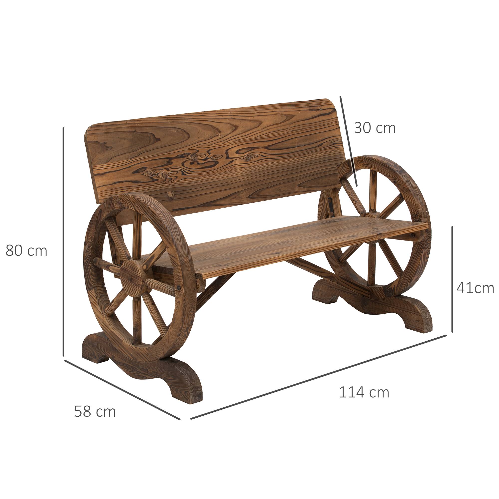 Sans Marque - Banc de Jardin 3 Places Style Rustique Chic accoudoirs Roues de Charette Bois Sapin traité carbonisation - Image 5