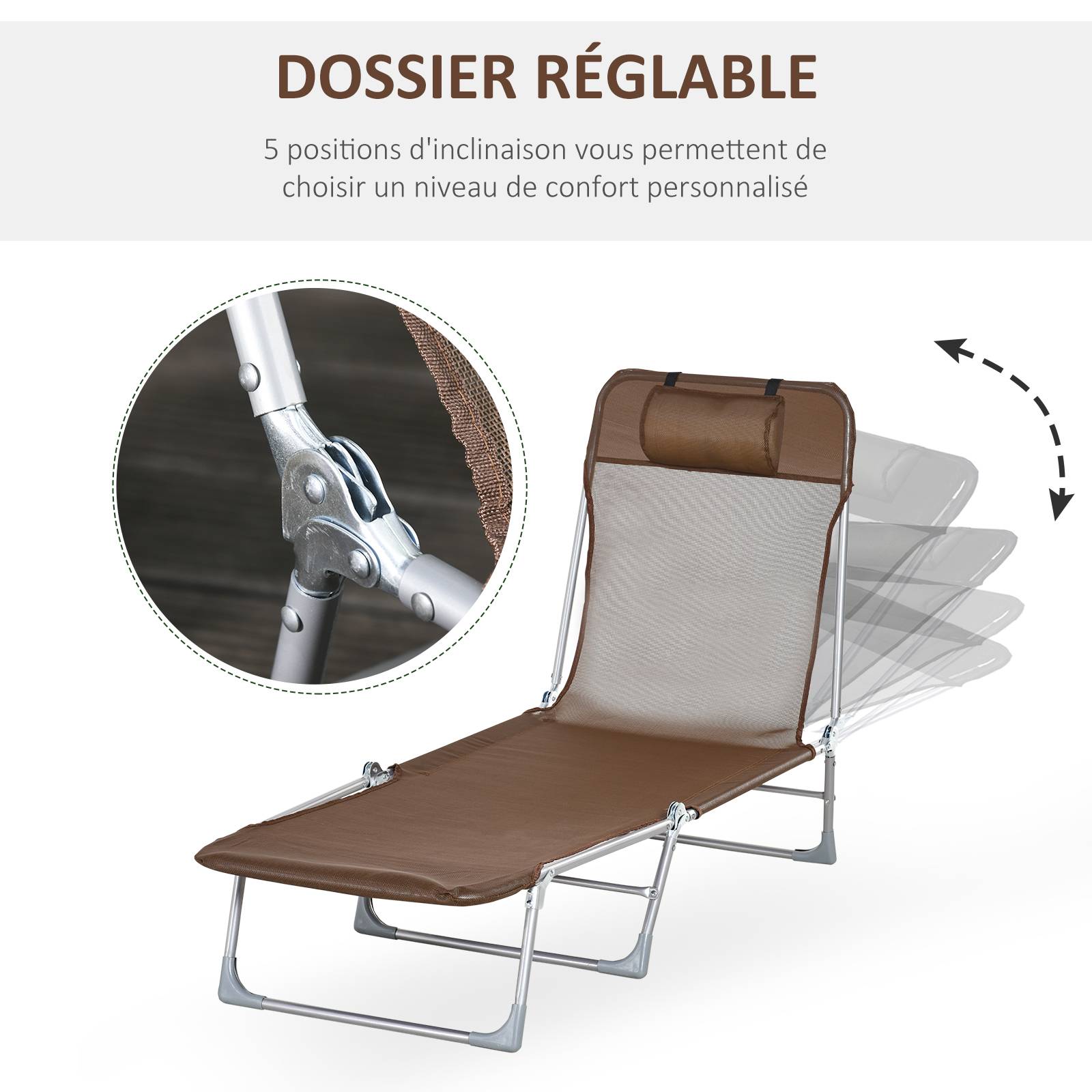 Outsunny - Bain de soleil transat pliable dossier réglable 5 positions acier teslin marron - Outsunny - Image 4