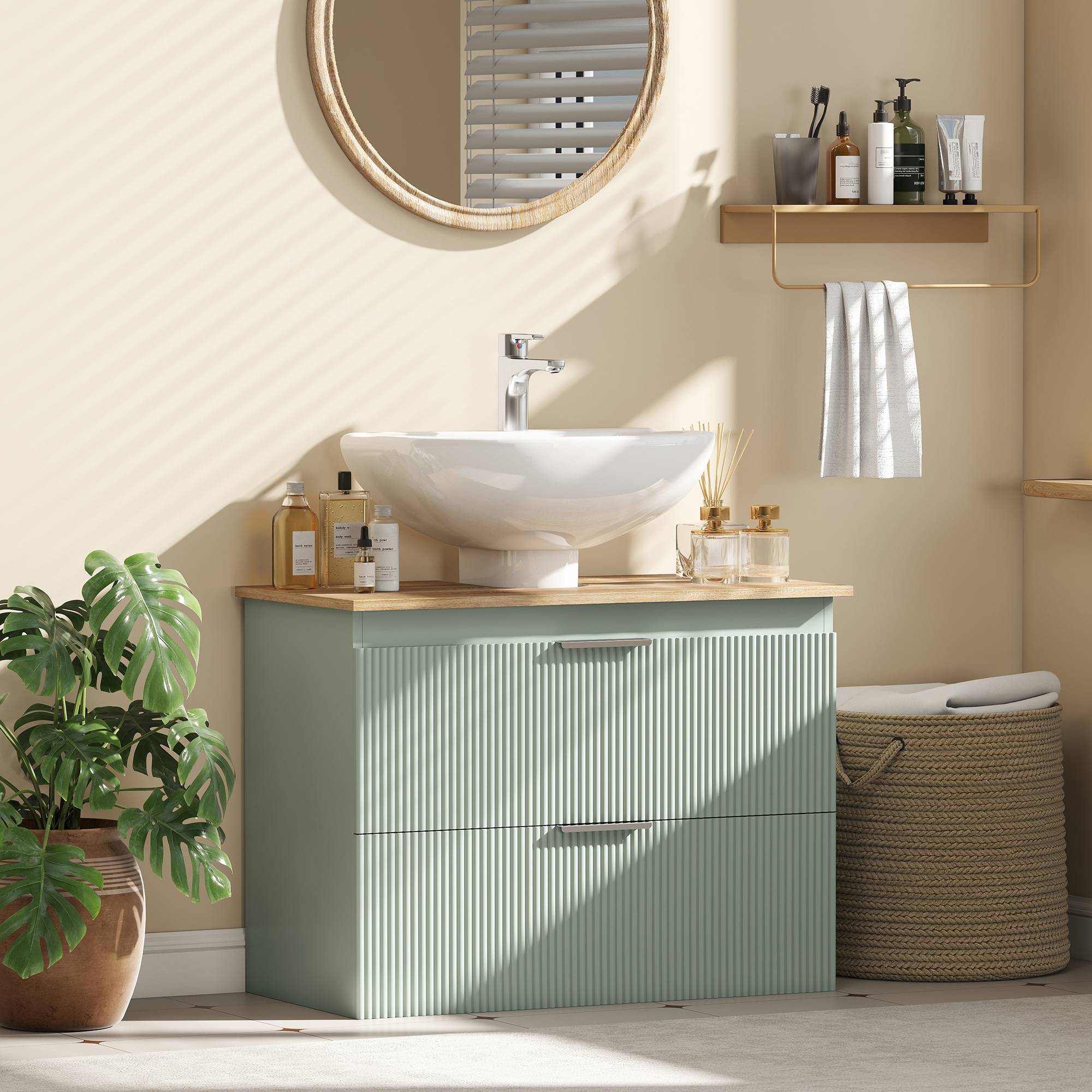Sans Marque - Meuble sous lavabo salle bain 2 tiroirs style moderne 80x40x60 cm vert bois naturel - Image 3