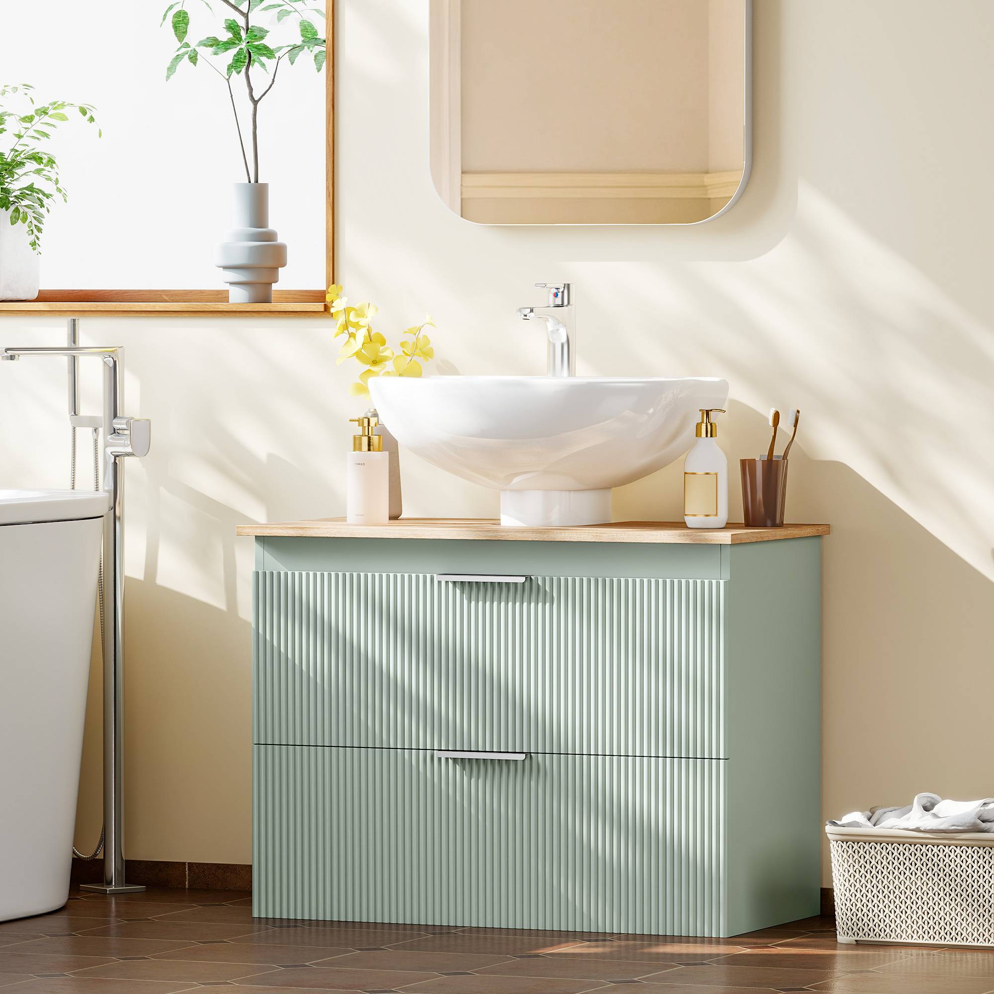 Sans Marque - Meuble sous lavabo salle bain 2 tiroirs style moderne 80x40x60 cm vert bois naturel - Image 4