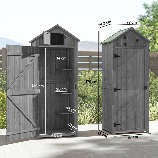 ComfortXL - Armoire de jardin en bois 77 x 54,2 x 179 cm gris et vert rangement outils avec toit à deux pentes et aération - Image 3