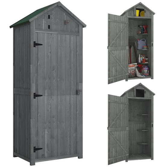 ComfortXL - Armoire de jardin en bois 77 x 54,2 x 179 cm gris et vert rangement outils avec toit à deux pentes et aération - Image 10