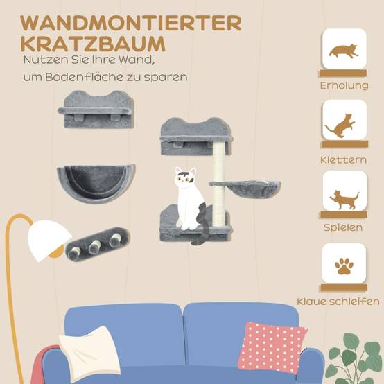Set Parcours Mural Chat 4 Pièces Sisal Griffoir Hamac Jeu Repos Gris - ComfortXL Pet Living - Image 4