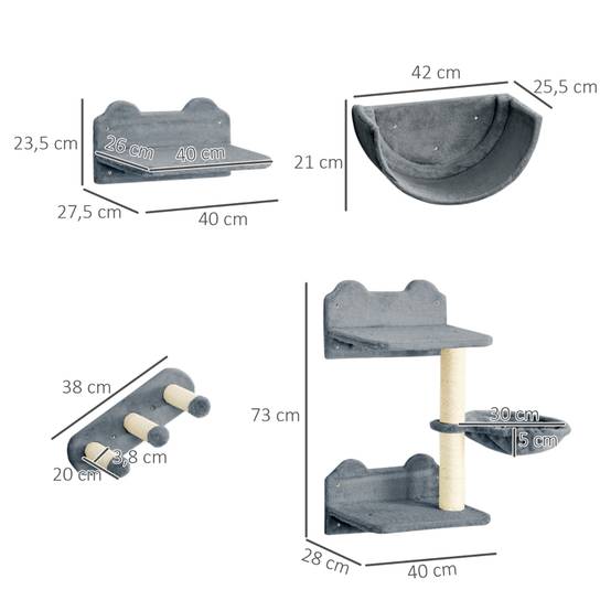 Set Parcours Mural Chat 4 Pièces Sisal Griffoir Hamac Jeu Repos Gris - ComfortXL Pet Living - Image 3