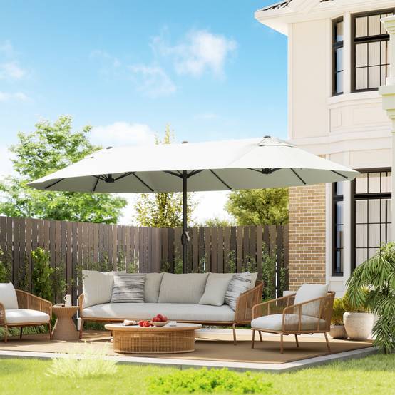 Parasol double 4,6x2,7 m à 12 baleines avec prises d'air et manivelle, en acier et polyester anti-UV, beige - Image 3