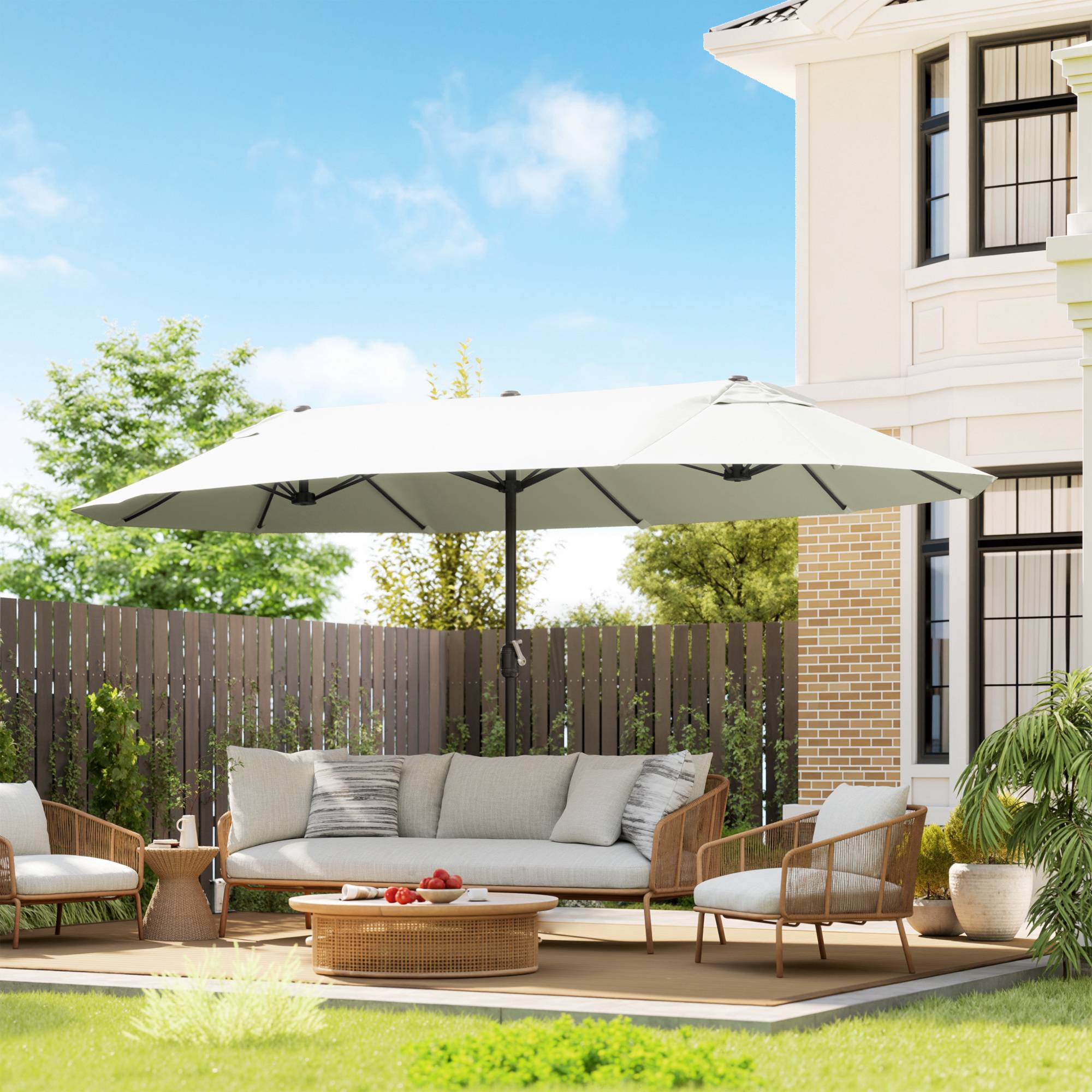 Parasol double 4,6x2,7 m à 12 baleines avec prises d'air et manivelle, en acier et polyester anti-UV, beige - Image 3