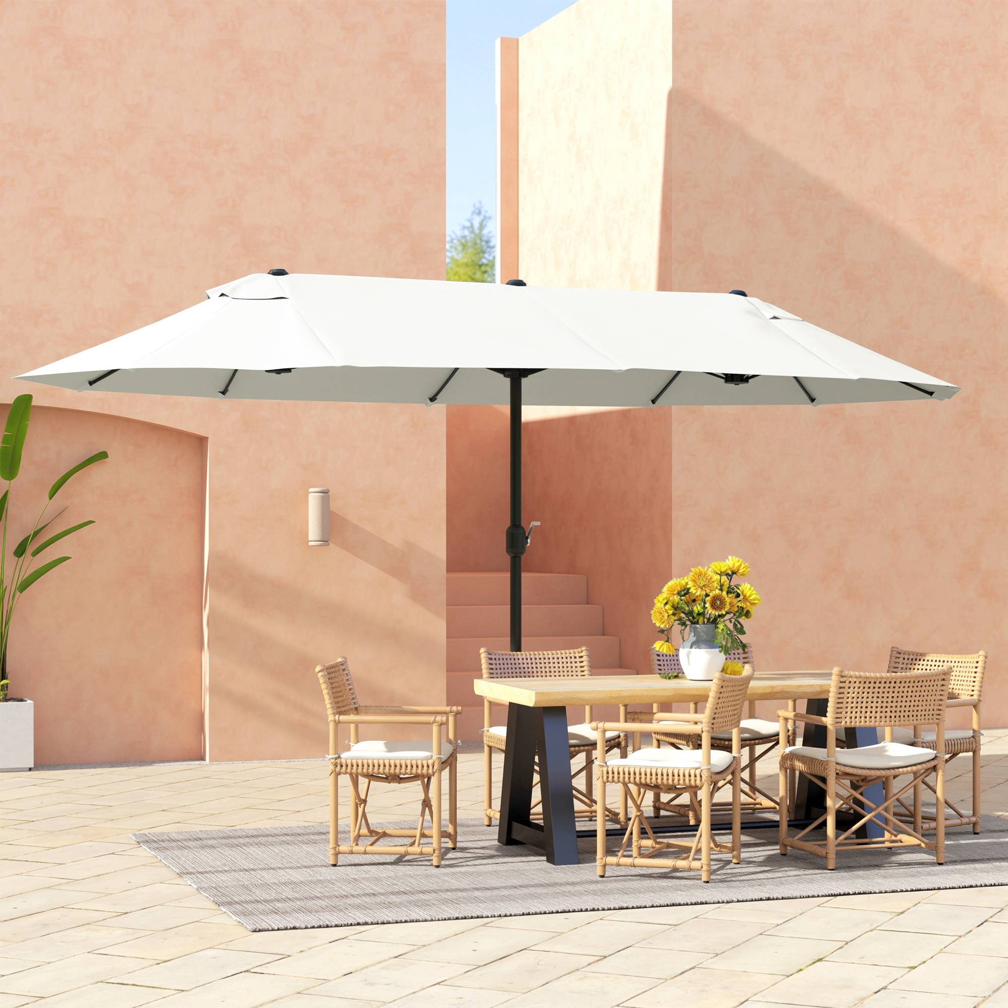 Parasol double 4,6x2,7 m à 12 baleines avec prises d'air et manivelle, en acier et polyester anti-UV, beige - Image 10
