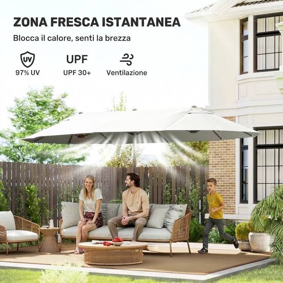 Parasol double 4,6x2,7 m à 12 baleines avec prises d'air et manivelle, en acier et polyester anti-UV, beige - Image 7