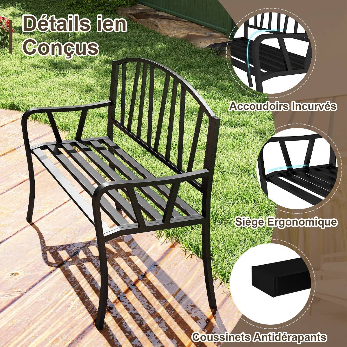 Maison Chic - Banc de Jardin en Métal de 129cm Banc à Lattes pour 2 à 3 Personnes Banc pour Parc avec Accoudoirs - Image 6