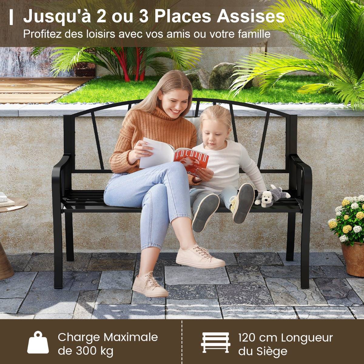 Maison Chic - Banc de Jardin en Métal de 129cm Banc à Lattes pour 2 à 3 Personnes Banc pour Parc avec Accoudoirs - Image 8