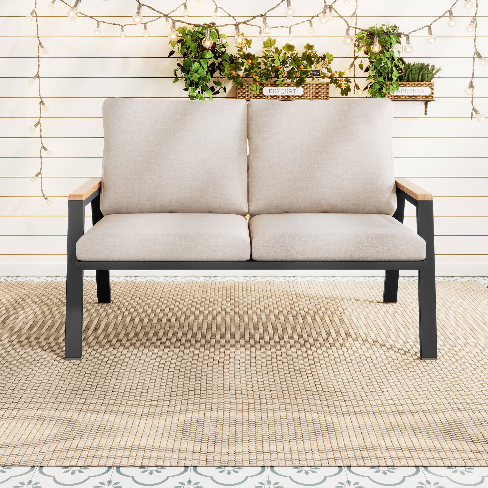 Canapé de jardin 2 places acier galvanisé accoudoirs bois-plastique gris-beige - Image 2