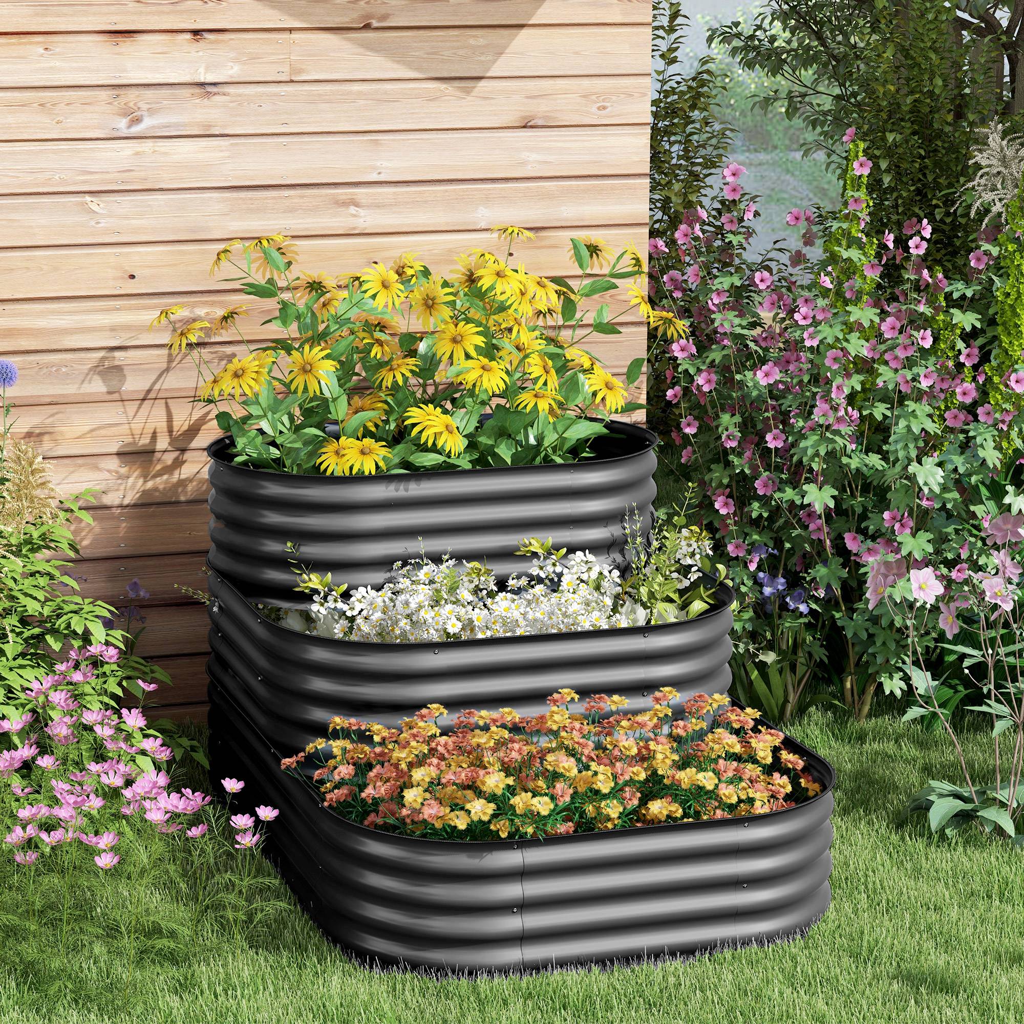 Outsunny - Carré potager surélevé 3 étages 158x109x82 cm fond ouvert pour herbes légumes fruits fleurs en acier gris - Outsunny - Image 4