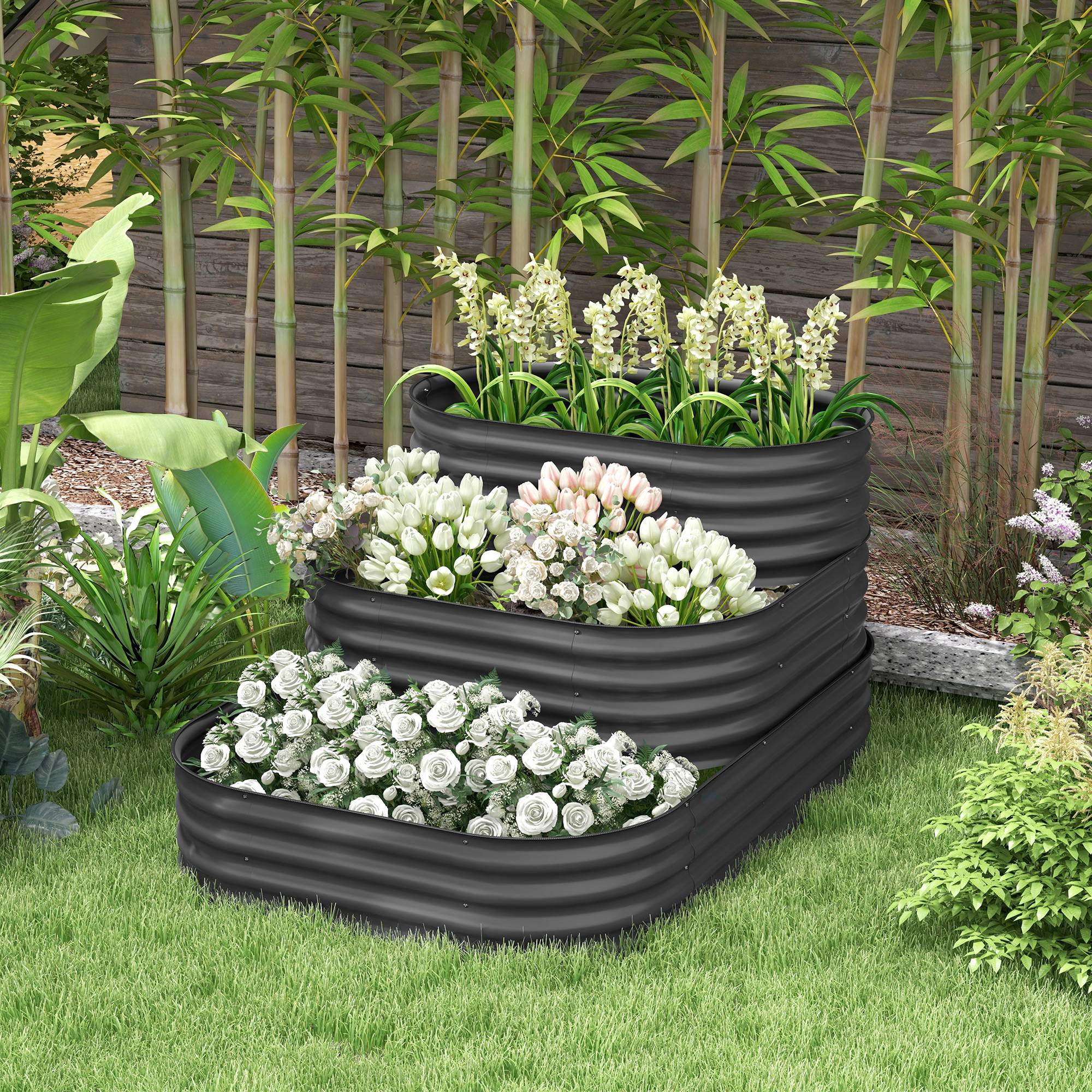 Outsunny - Carré potager surélevé 3 étages 158x109x82 cm fond ouvert pour herbes légumes fruits fleurs en acier gris - Outsunny - Image 2