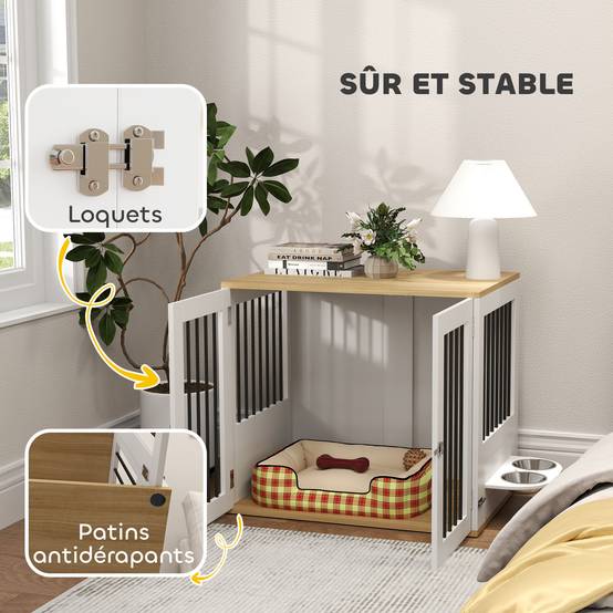 Cage chien meuble bois acier pour chien moyen avec gamelles rotatives 80x55x71cm blanc - ComfortXL Outdoor Living - Image 8