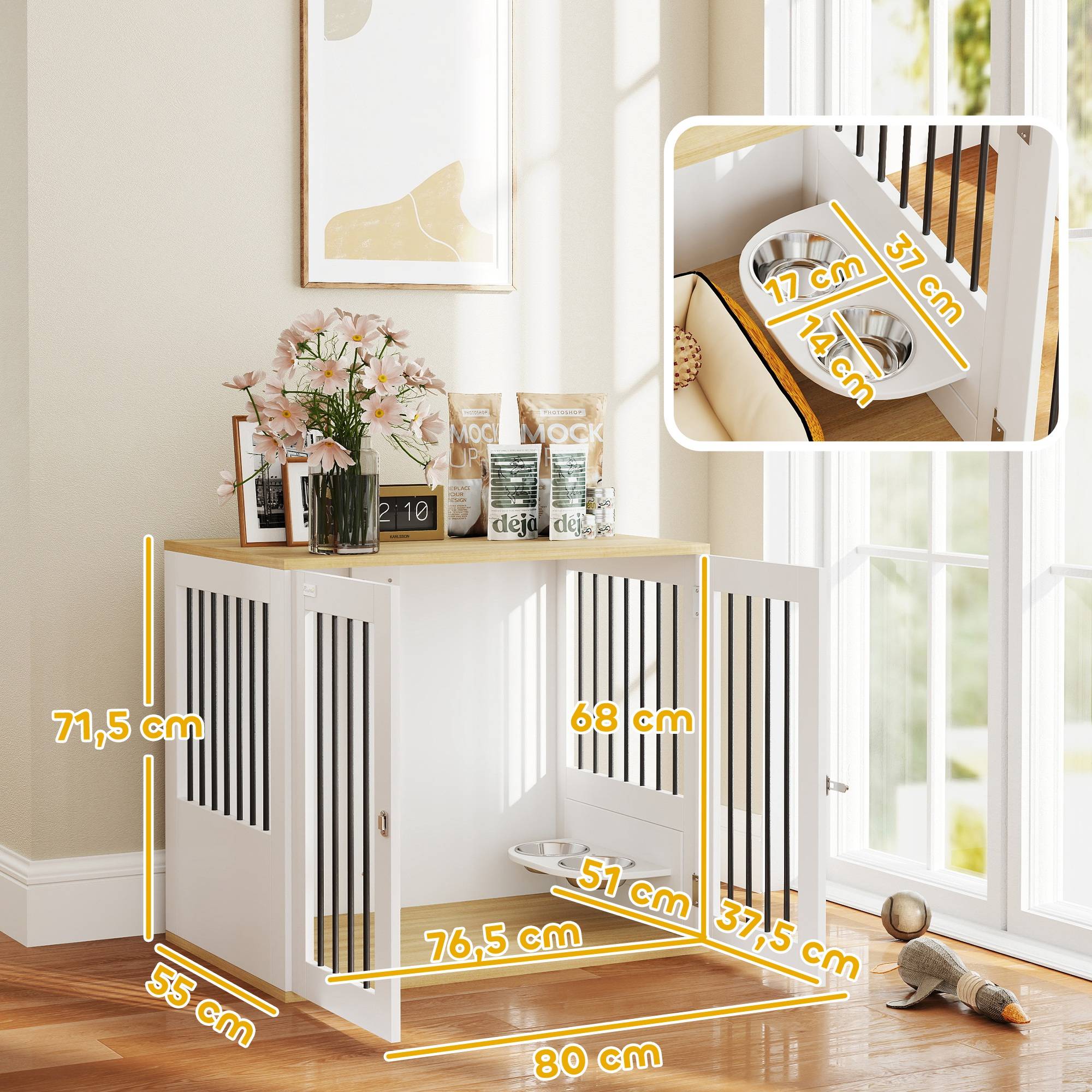 Cage chien meuble bois acier pour chien moyen avec gamelles rotatives 80x55x71cm blanc - ComfortXL Outdoor Living - Image 5