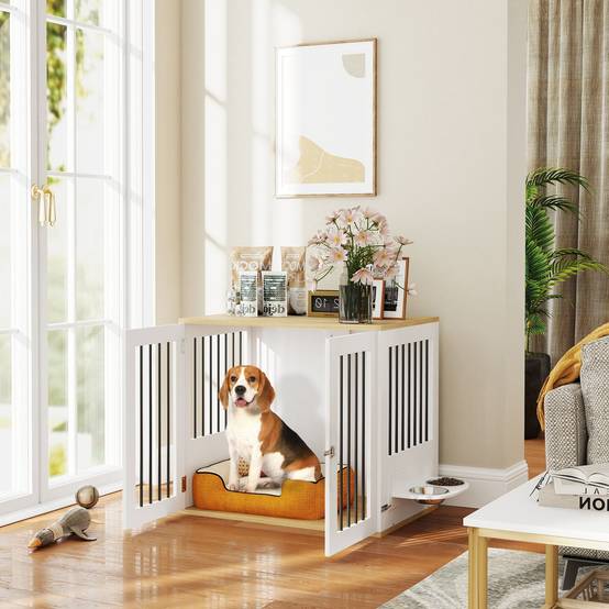 Cage chien meuble bois acier pour chien moyen avec gamelles rotatives 80x55x71cm blanc - ComfortXL Outdoor Living - Image 3
