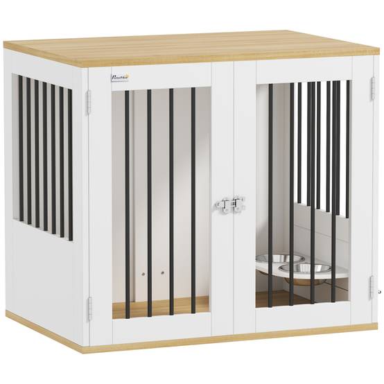 Cage chien meuble bois acier pour chien moyen avec gamelles rotatives 80x55x71cm blanc - ComfortXL Outdoor Living - Image 2