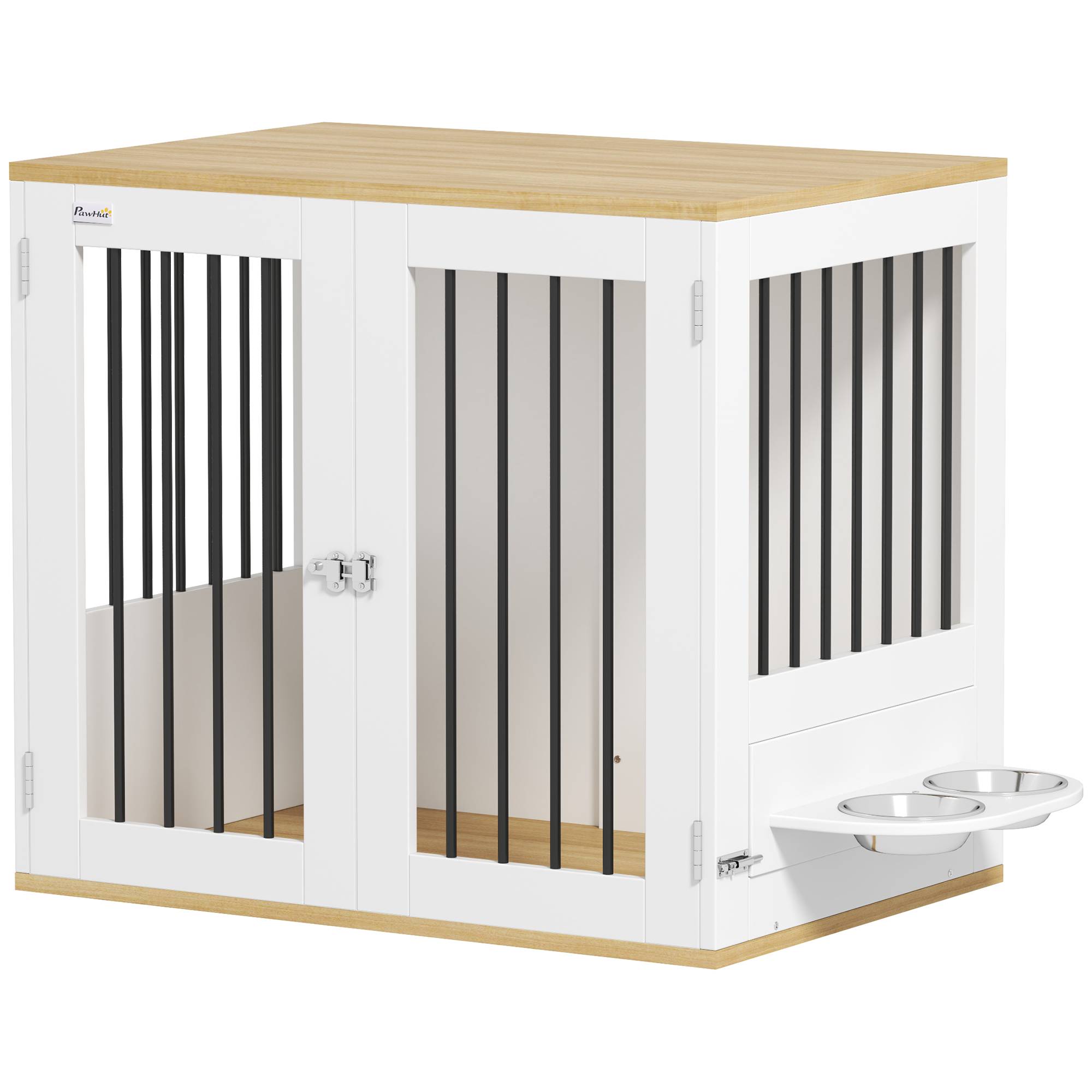 Cage chien meuble bois acier pour chien moyen avec gamelles rotatives 80x55x71cm blanc - ComfortXL Outdoor Living - Image 1