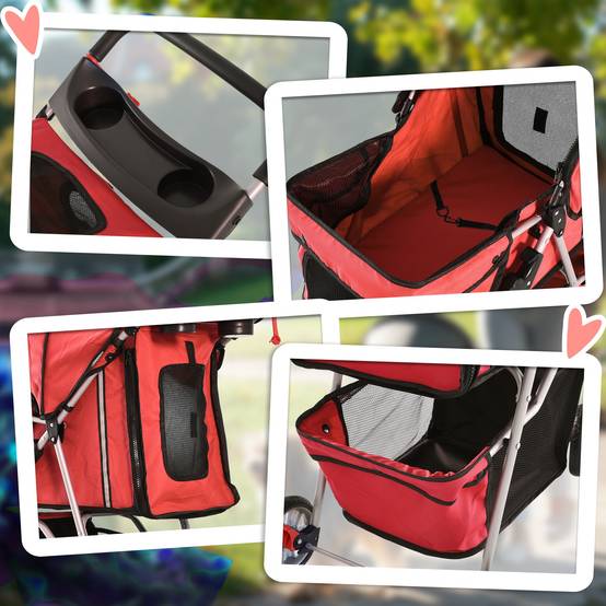 Poussette pour chien en tissu Oxford rouge, 75 x 45 x 97 cm, pliable et légère - PANGIVO - Image 7