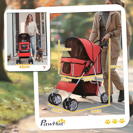 Poussette pour chien en tissu Oxford rouge, 75 x 45 x 97 cm, pliable et légère - PANGIVO - Image 3