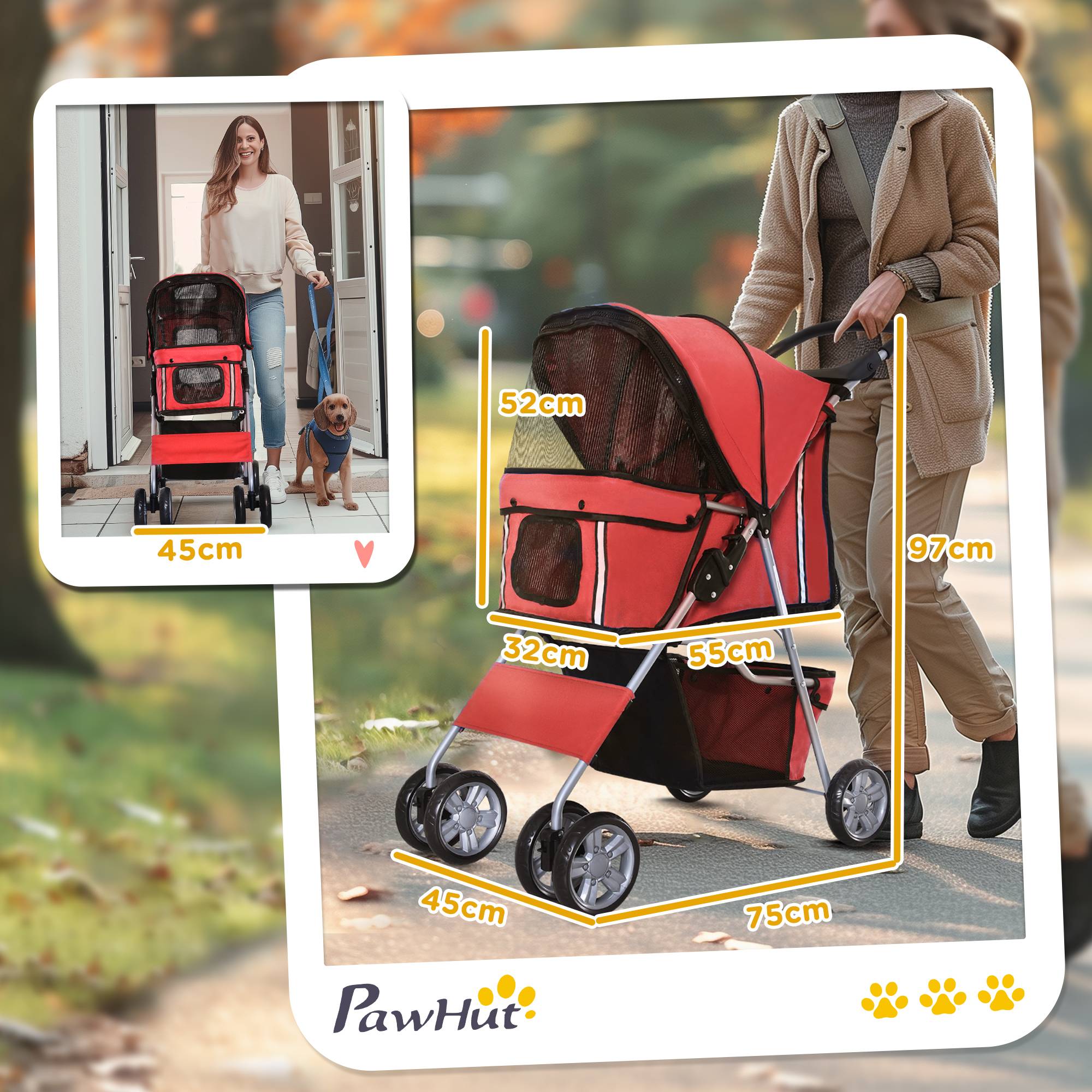 Poussette pour chien en tissu Oxford rouge, 75 x 45 x 97 cm, pliable et légère - PANGIVO - Image 3