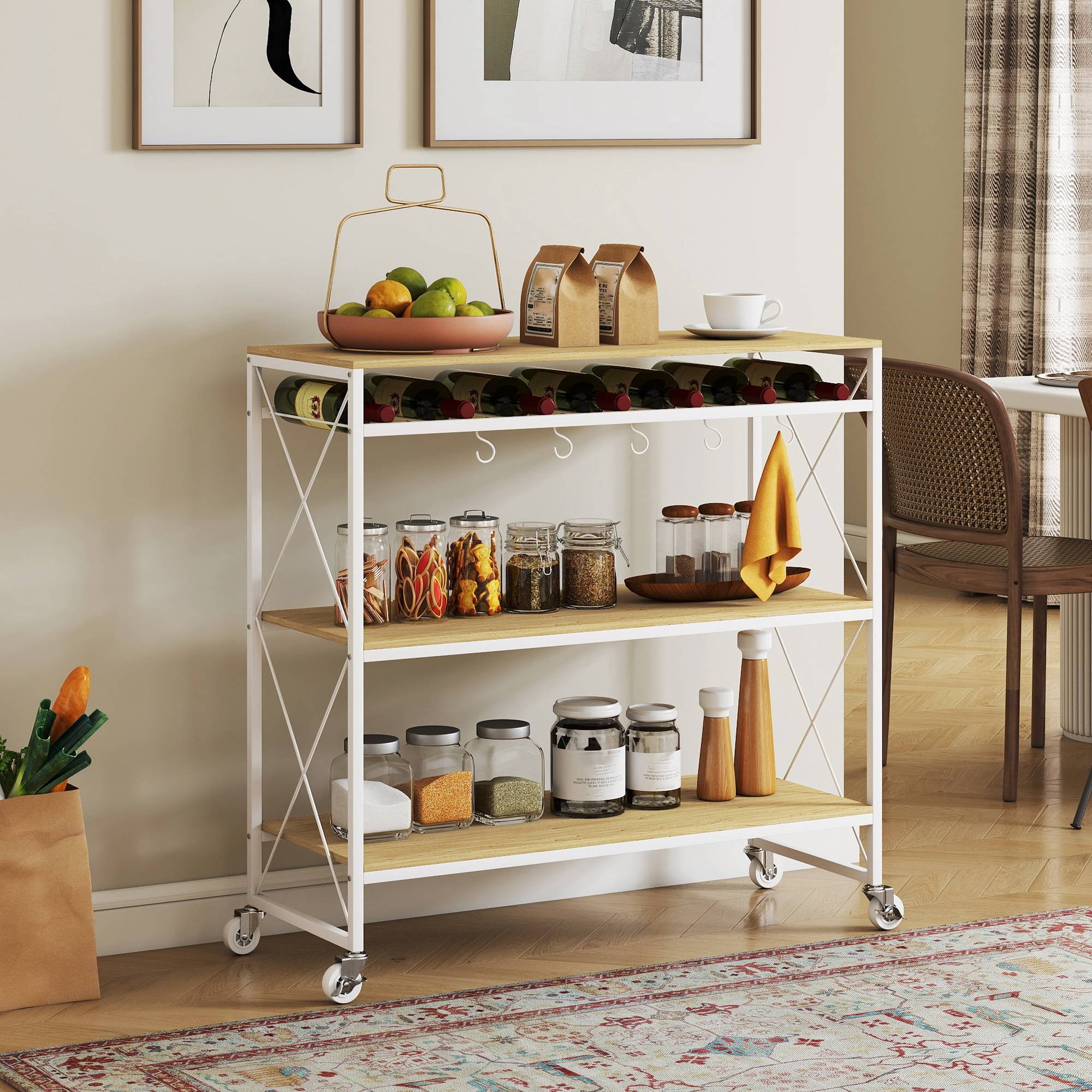 Sans Marque - Chariot service 4 niveaux porte-bouteilles 5 crochets amovibles bois métal 96,5x38x96,7 cm - Image 4