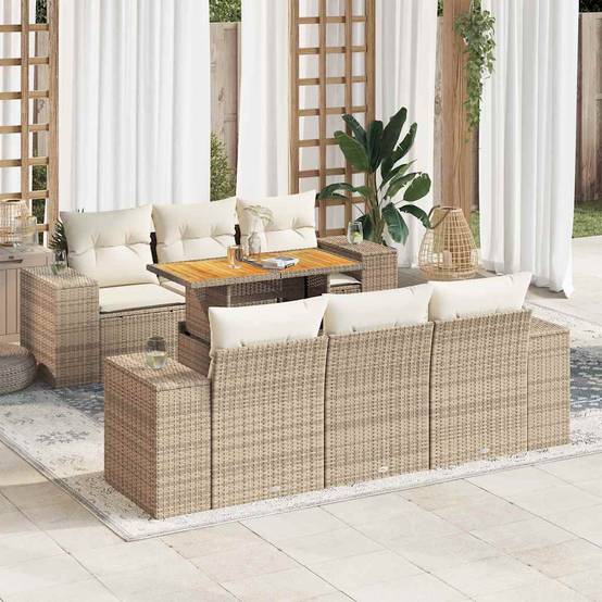 Mobilier de jardin 7 éléments en résine tressée avec table haute et rangement Beige – ComfortXL Outdoor Living - Image 1