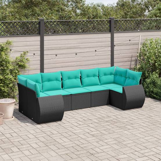 ComfortXL - Salon de Jardin Bas 7 Places Résine Tressée Noire Modulable avec Coussins Bleus 7 Pièces – ComfortXL Outdoor Living - Image 1