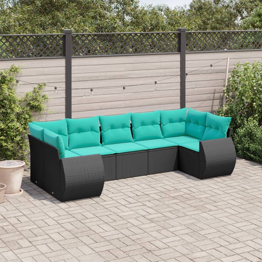 ComfortXL - Salon de Jardin Bas 7 Places Résine Tressée Noire Modulable avec Coussins Bleus 7 Pièces – ComfortXL Outdoor Living - Image 1