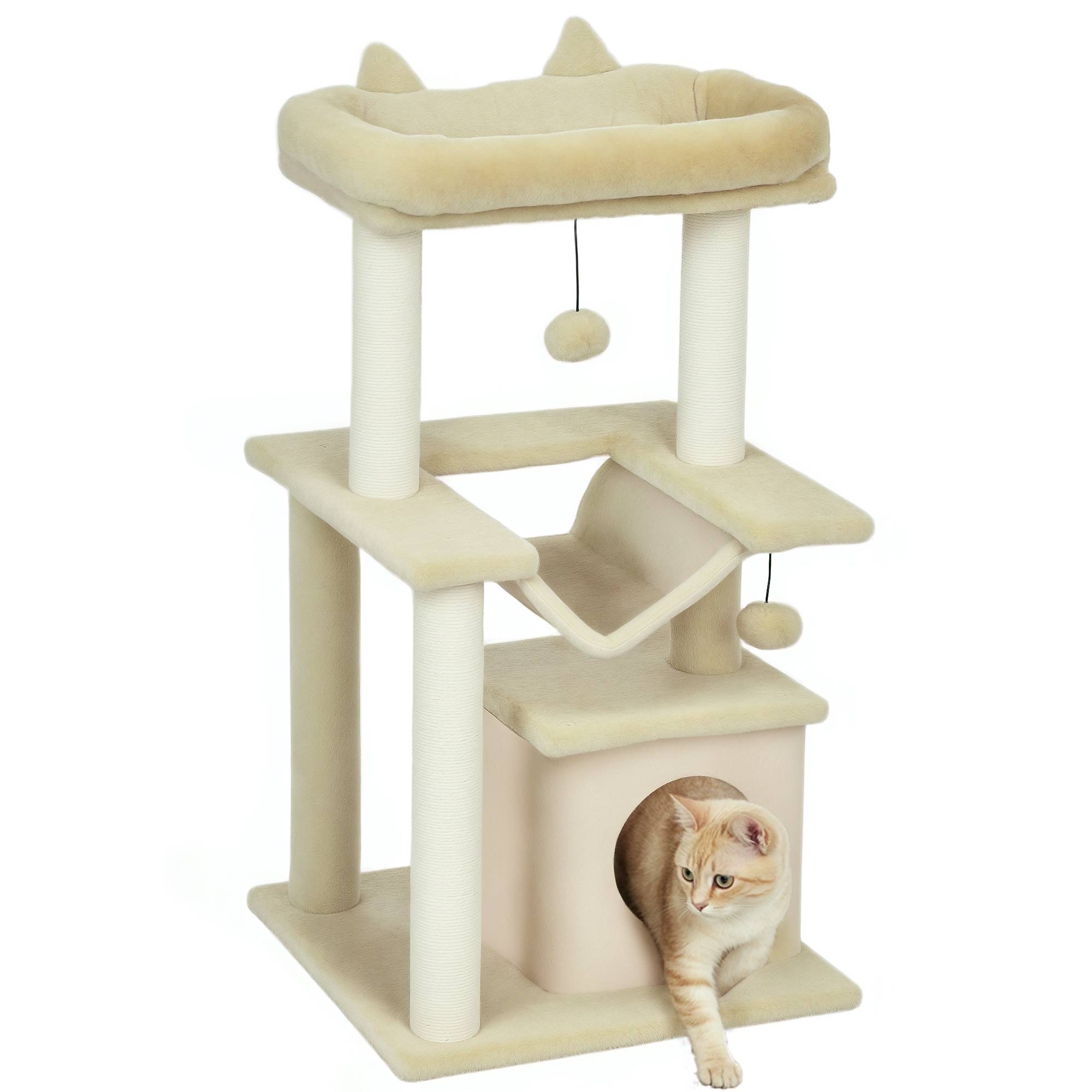 Arbre à chat bois peluche pour chatons centre activités hamac niche 90cm crème - ComfortXL Outdoor Living